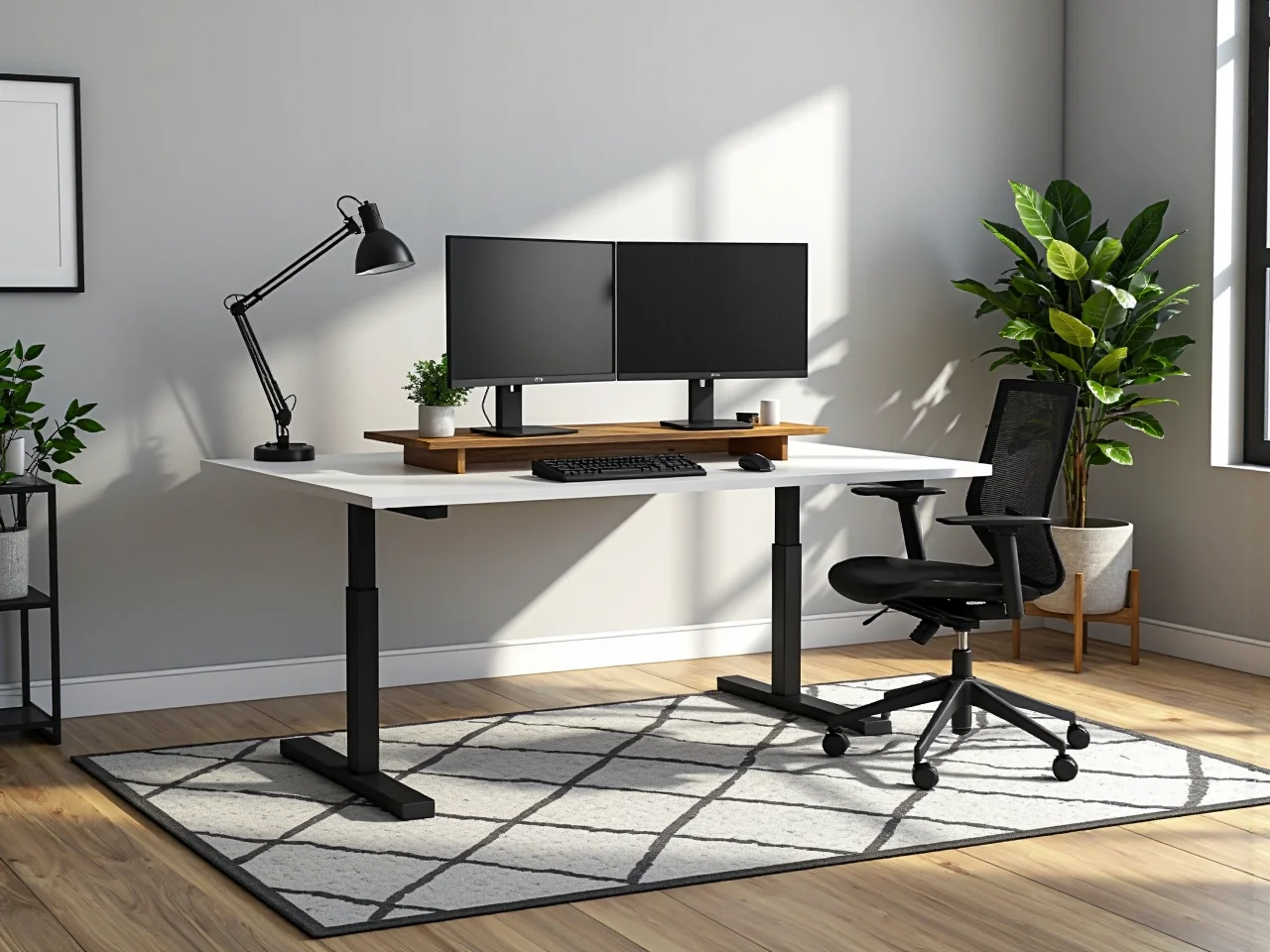Białe biurko regulowane elektrycznie z czarną ramą i szerokim blatem