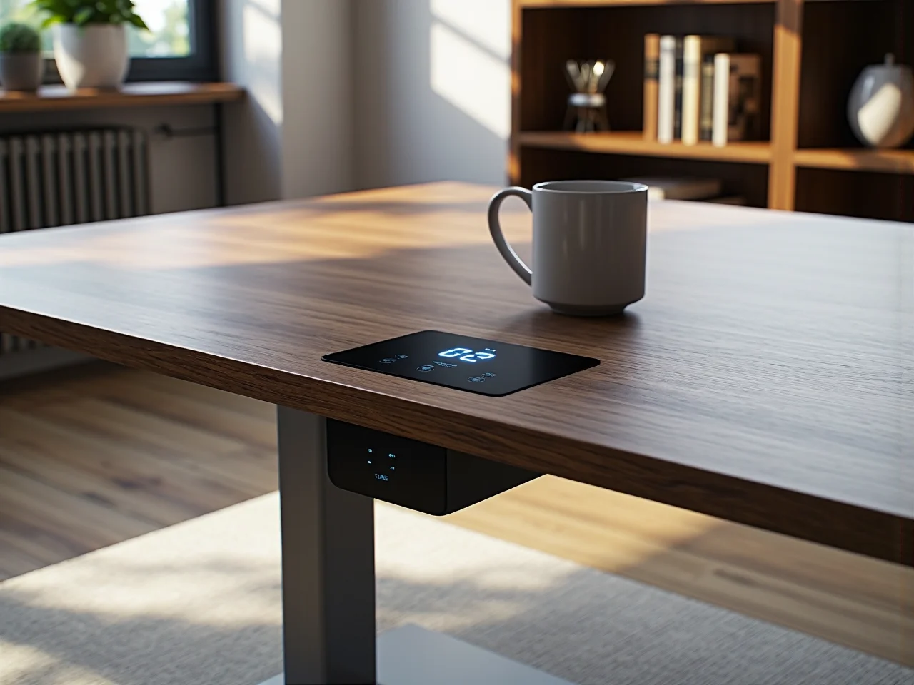 Pracownik biurowy korzystający z biurka z regulacją wysokości w pozycji stojącej