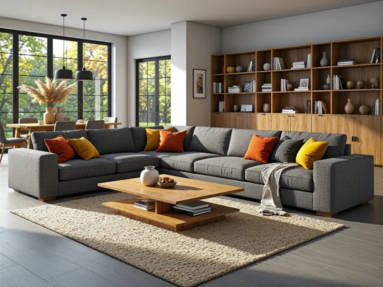 Grafitowy narożnik tapicerowany z kolorowymi poduszkami dekoracyjnymi