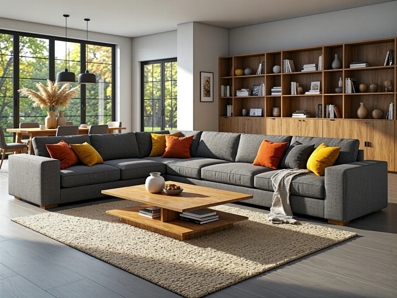 Grafitowy narożnik tapicerowany z kolorowymi poduszkami dekoracyjnymi