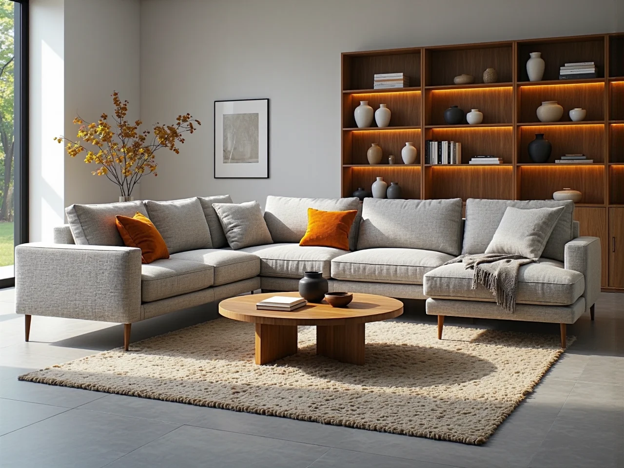 Nowoczesny regał orzechowy z oświetleniem LED i otwartymi półkami