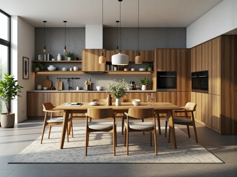 Nowoczesne meble kuchenne w kolorze dębu z otwartymi półkami
