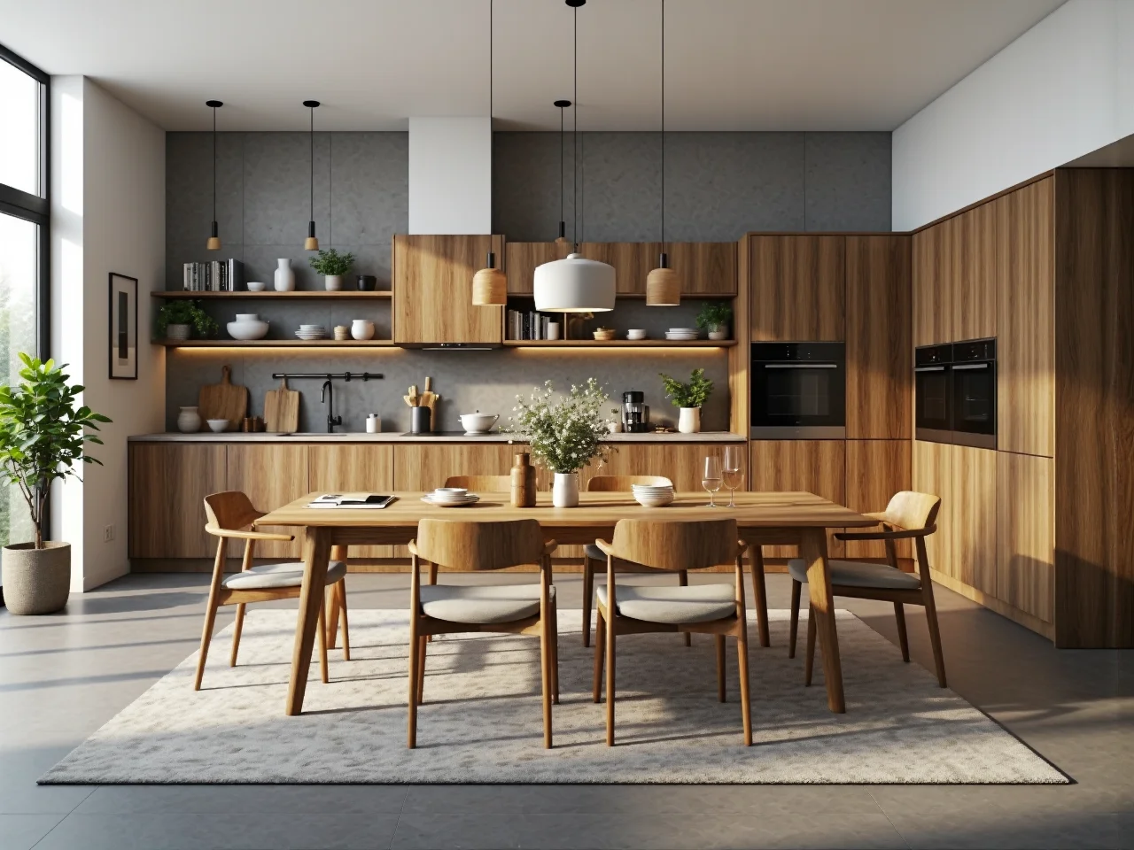 Nowoczesne meble kuchenne w kolorze dębu z otwartymi półkami