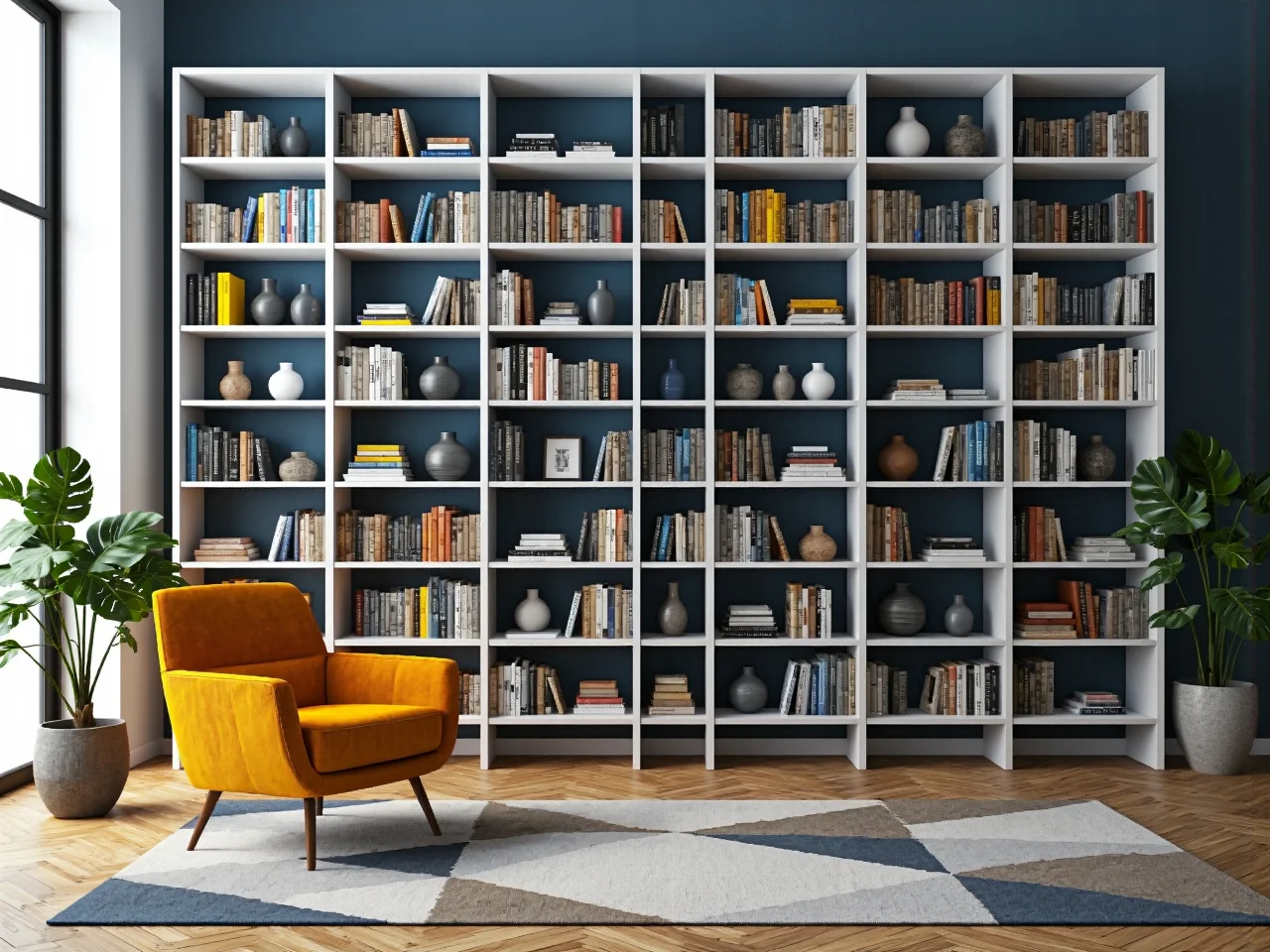 Biały regał modułowy z otwartymi półkami na książki