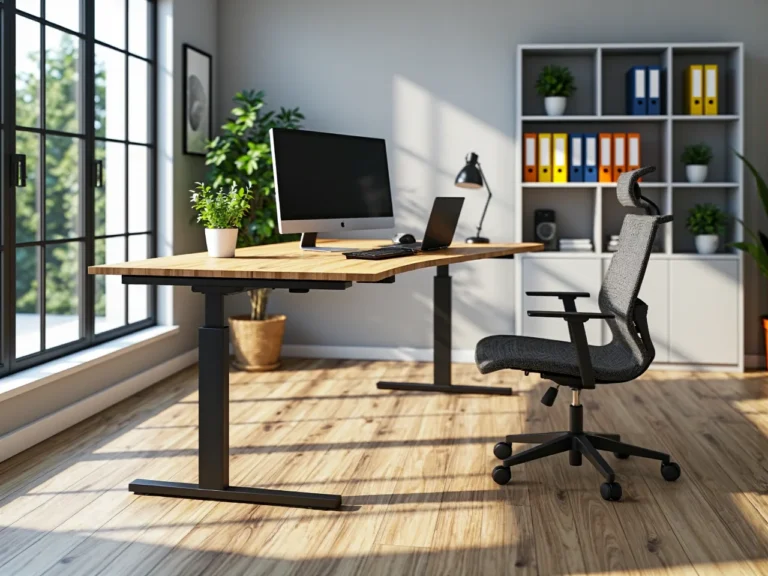 Biurko regulowane z blatem dębowym na czarnej metalowej ramie