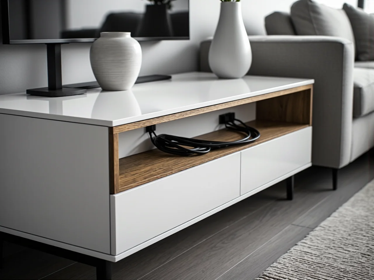 Planowanie zakupu szafki RTV z checklistą w ręku, widok na miarkę i notatnik.