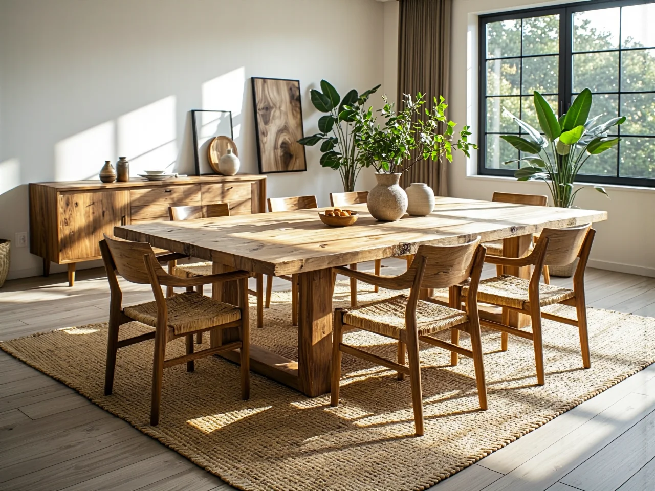 Drewniany stół jadalniany dąb craft z krzesłami i komodą