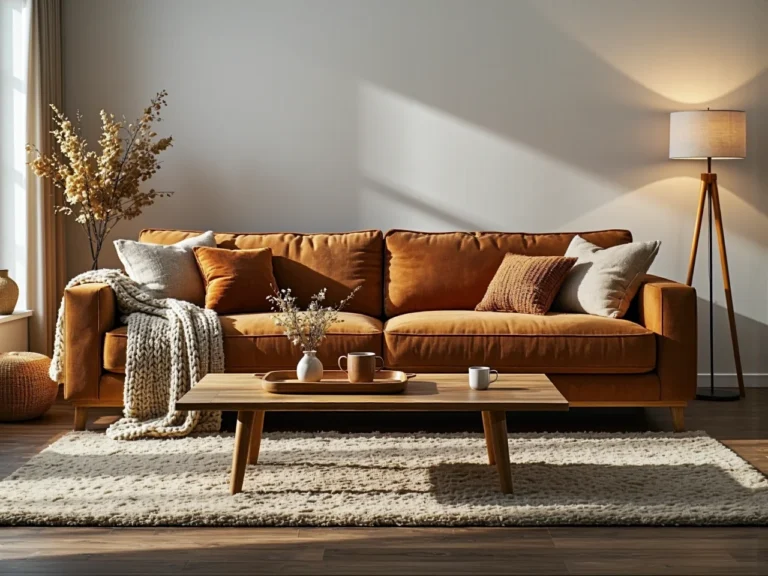 Sofa trzyosobowa w kolorze karmelowym z miękkimi poduszkami