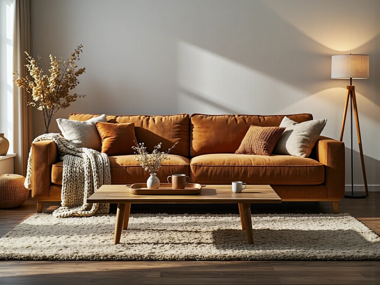 Sofa trzyosobowa w kolorze karmelowym z miękkimi poduszkami