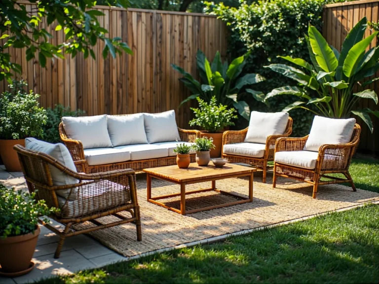 Zestaw mebli ogrodowych z rattanu naturalnego z białymi poduszkami