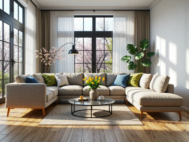 Narożnik tapicerowany beżowy z kolorowymi poduszkami na drewnianych nóżkach