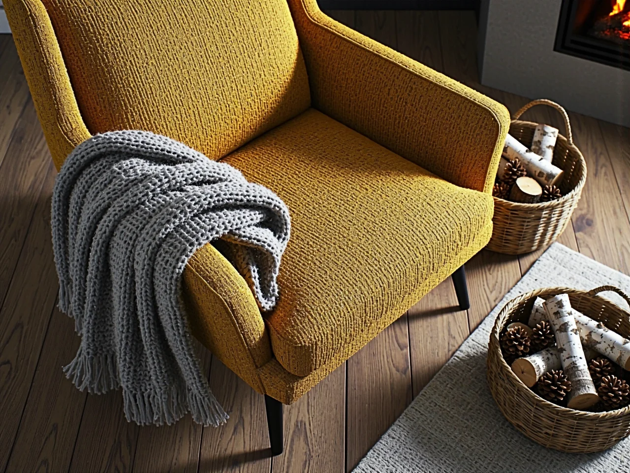 Relaks z książką w wygodnym fotelu uszaku przy ciepłym blasku ognia z kominka