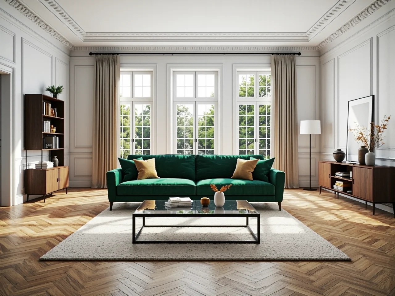 Elegancka sofa welurowa butelkowa zieleń z dekoracyjnymi przeszyciami