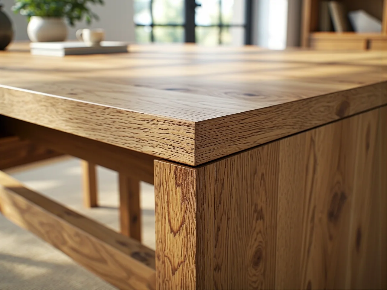 Zbliżenie na szlachetne materiały i precyzyjne detale wykończenia luksusowego biurka premium.