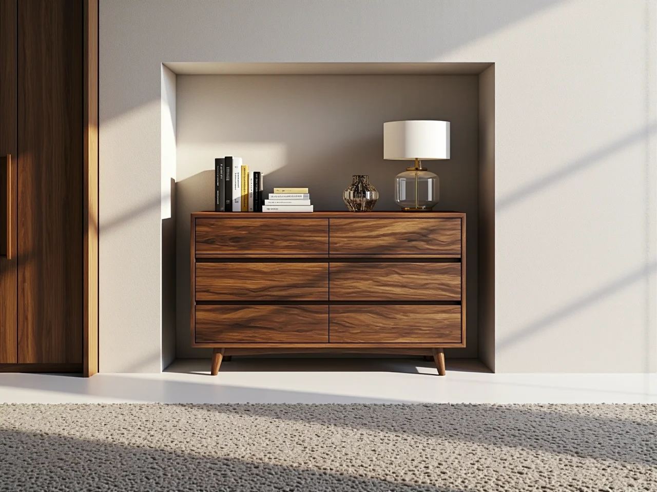 Idealnie dopasowana wymiarami komoda w nowoczesnej aranżacji sypialni