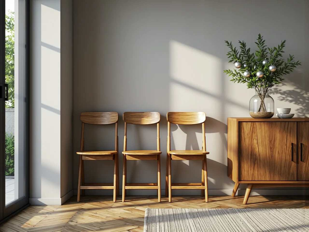 Klasyczne drewniane krzesła w jadalni udekorowanej na świąteczne spotkanie rodzinne.