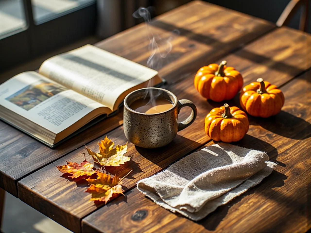 Drewniane meble i puszysty dywan podkreślające ciepły i przytulny charakter jesiennego salonu.