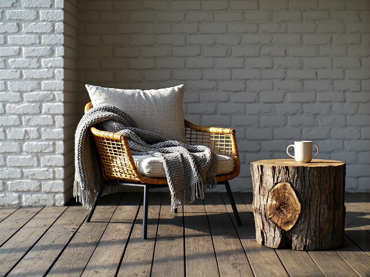 Masywny stół i ławka z naturalnego drewna, centralny element rustykalnej aranżacji tarasu.