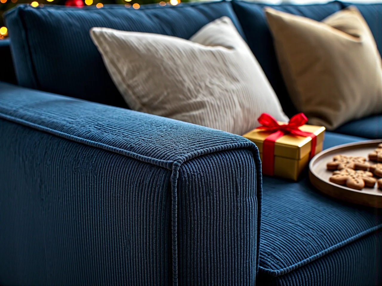 Przestronny szary narożnik w salonie idealny na rodzinne spotkania podczas świąt