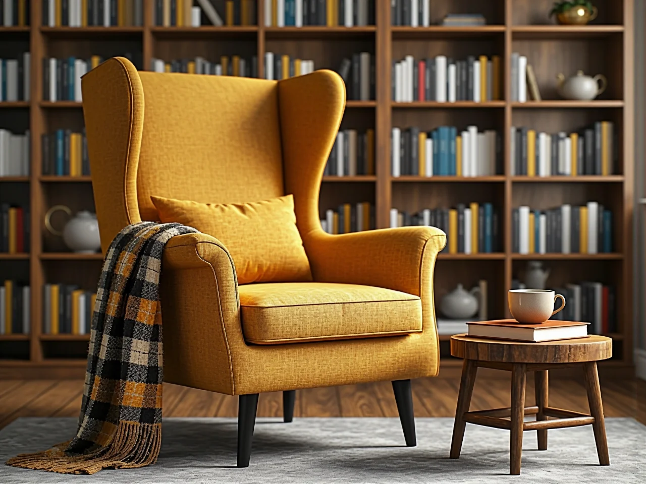 Szara dziergana pufa pełniąca funkcję podnóżka w przytulnym kąciku czytelniczym