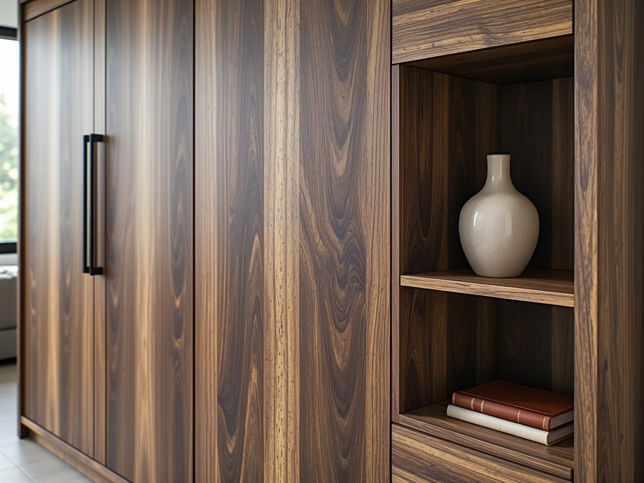 Stylowa szafa z orzecha włoskiego o głębokim odcieniu w klasycznym i eleganckim wnętrzu