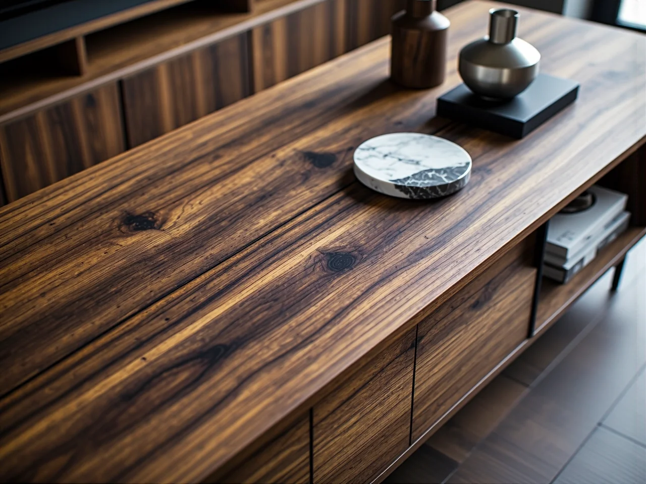 Ekskluzywna szafka RTV z orzecha włoskiego o głębokim kolorze i wyraźnym rysunku słojów