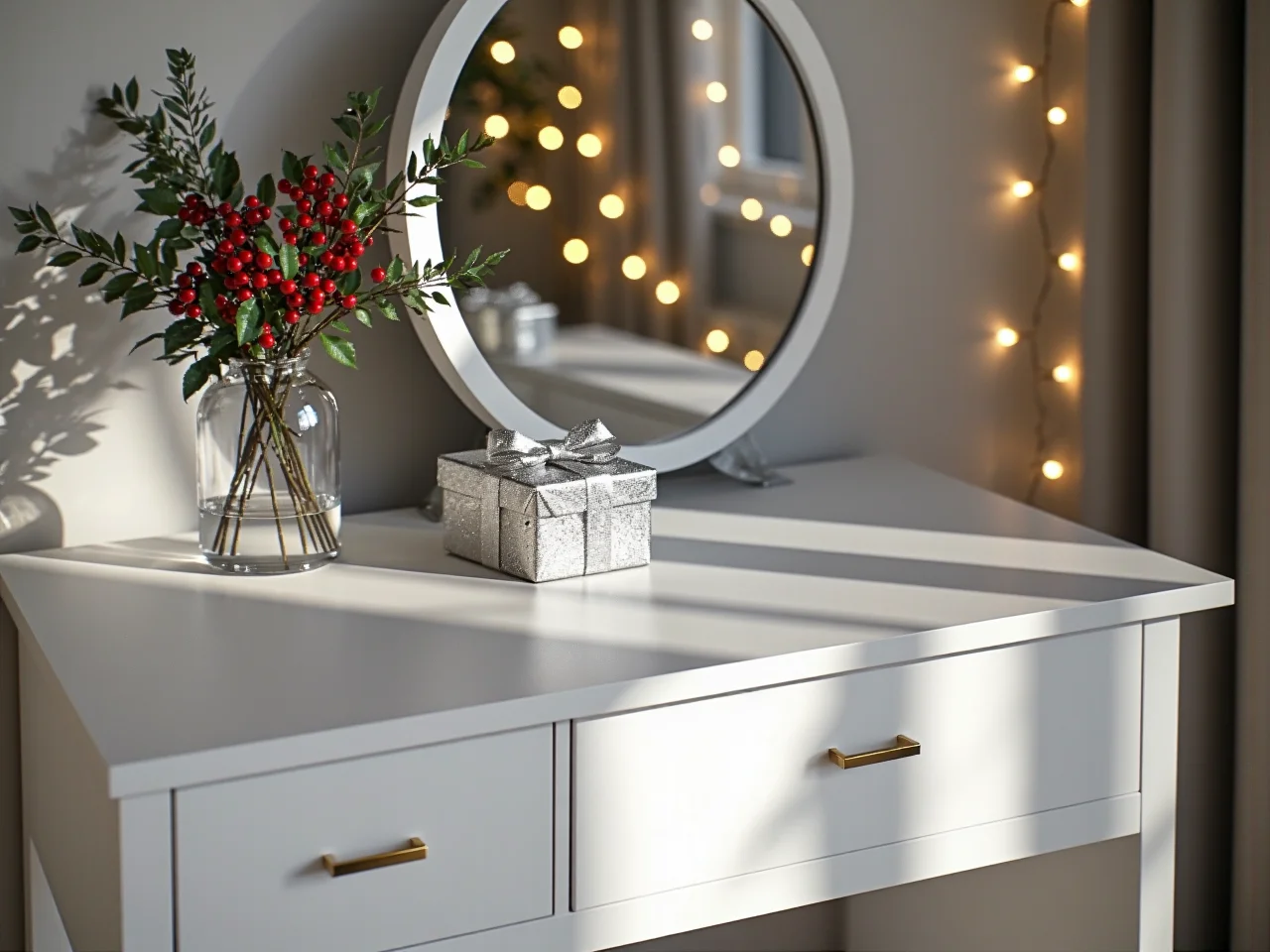 Biała toaletka z lustrem i oświetleniem jako wymarzony prezent gwiazdkowy do sypialni