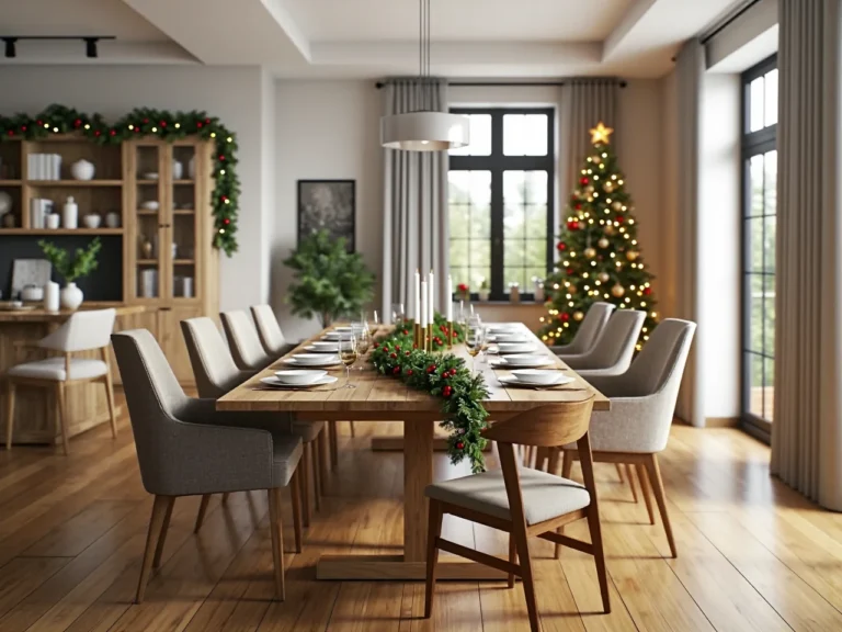 Eleganckie krzesła tapicerowane szare przy drewnianym stole do jadalni