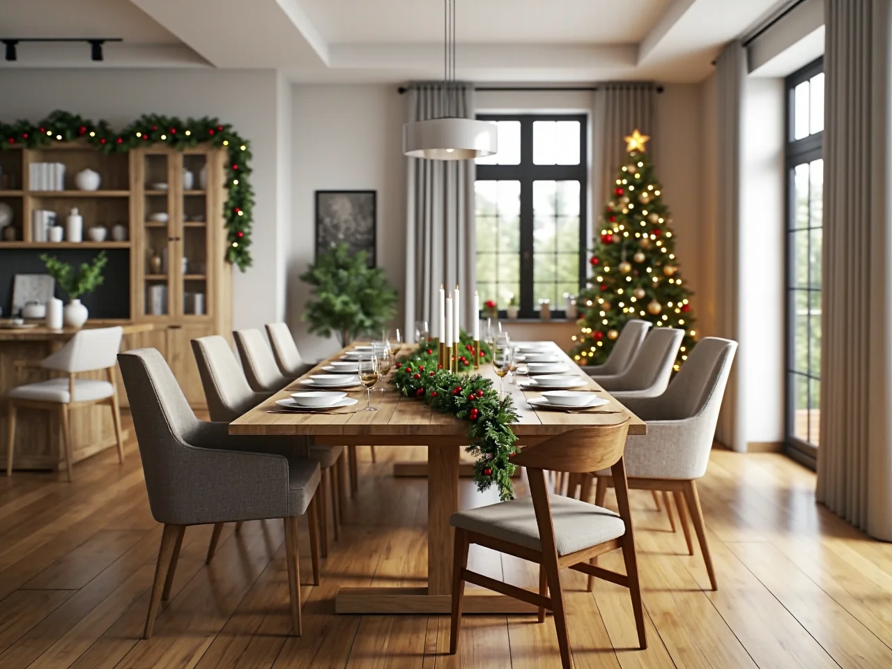 Eleganckie krzesła tapicerowane szare przy drewnianym stole do jadalni