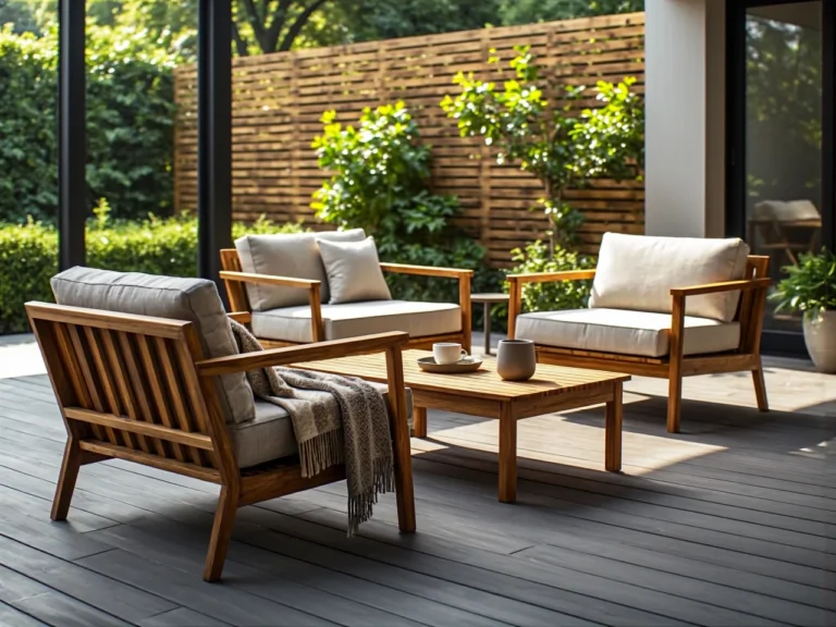 Zestaw mebli ogrodowych drewnianych z beżowymi poduszkami i stolikiem