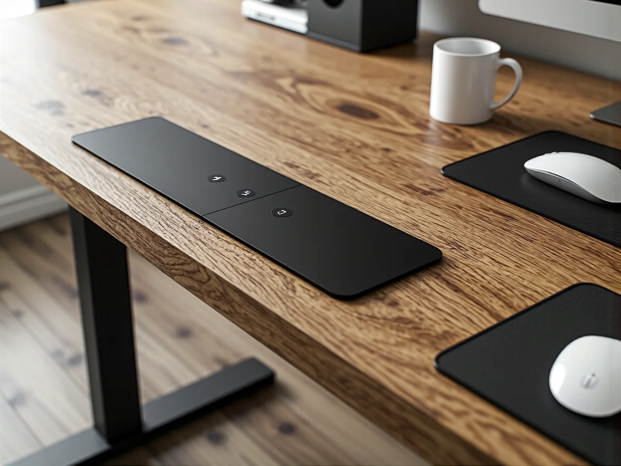 Ergonomiczne biurko regulowane dostosowane do pracy na stojąco w minimalistycznym home office.