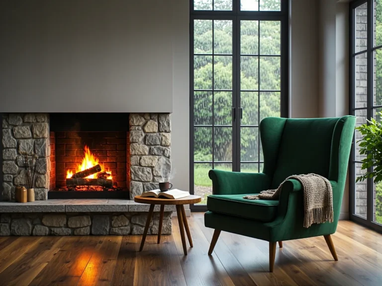 Zielony fotel uszak z wysokim oparciem na drewnianych nóżkach