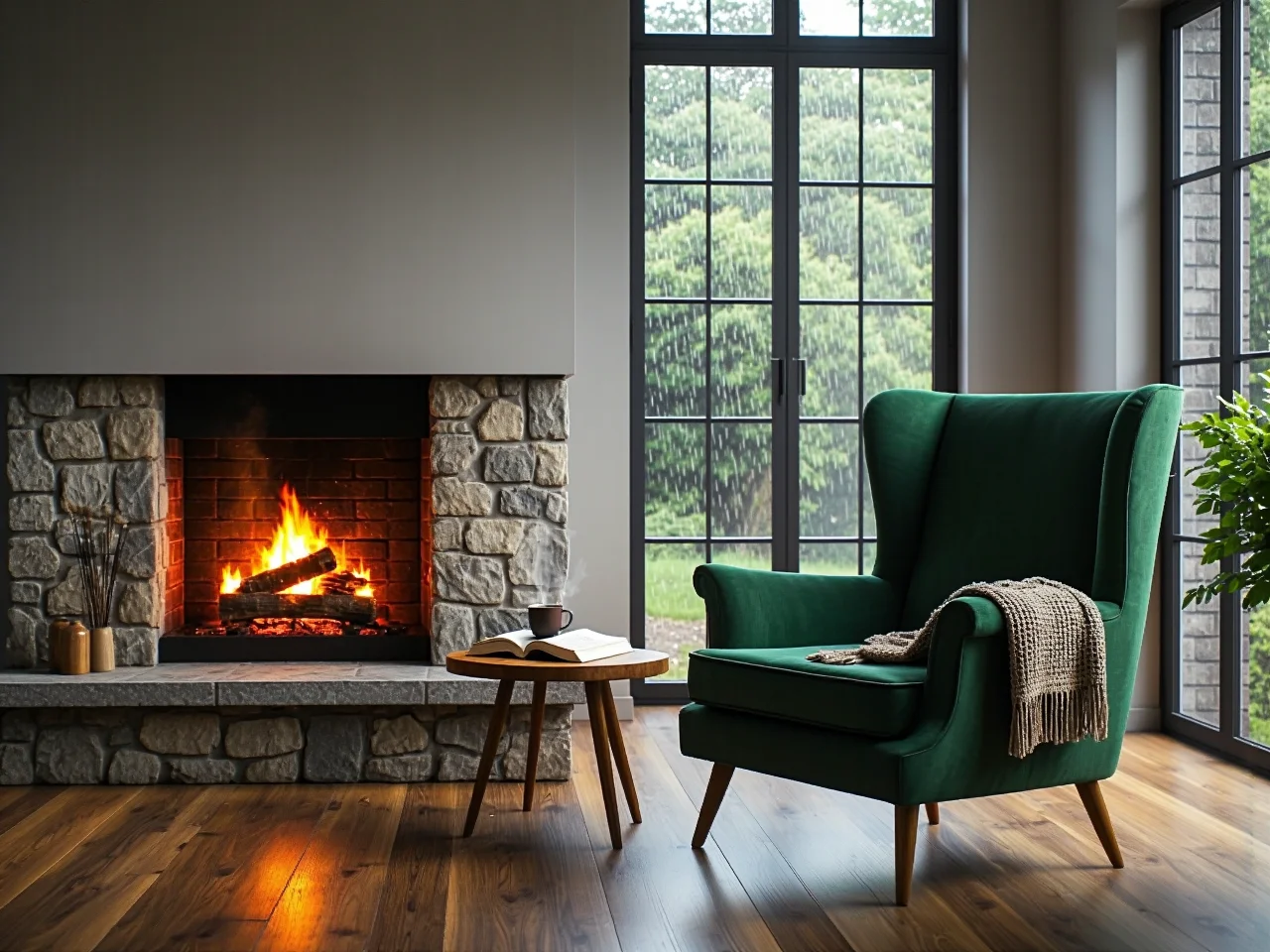 Zielony fotel uszak z wysokim oparciem na drewnianych nóżkach