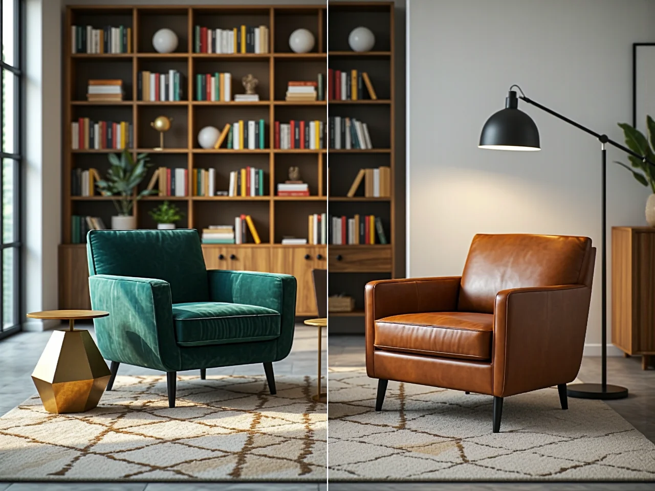Porównanie foteli welurowego zielonego i skórzanego brązowego