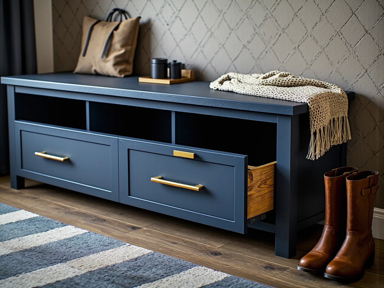 Drewniana ławka na buty z praktyczną półką do przechowywania obuwia w korytarzu