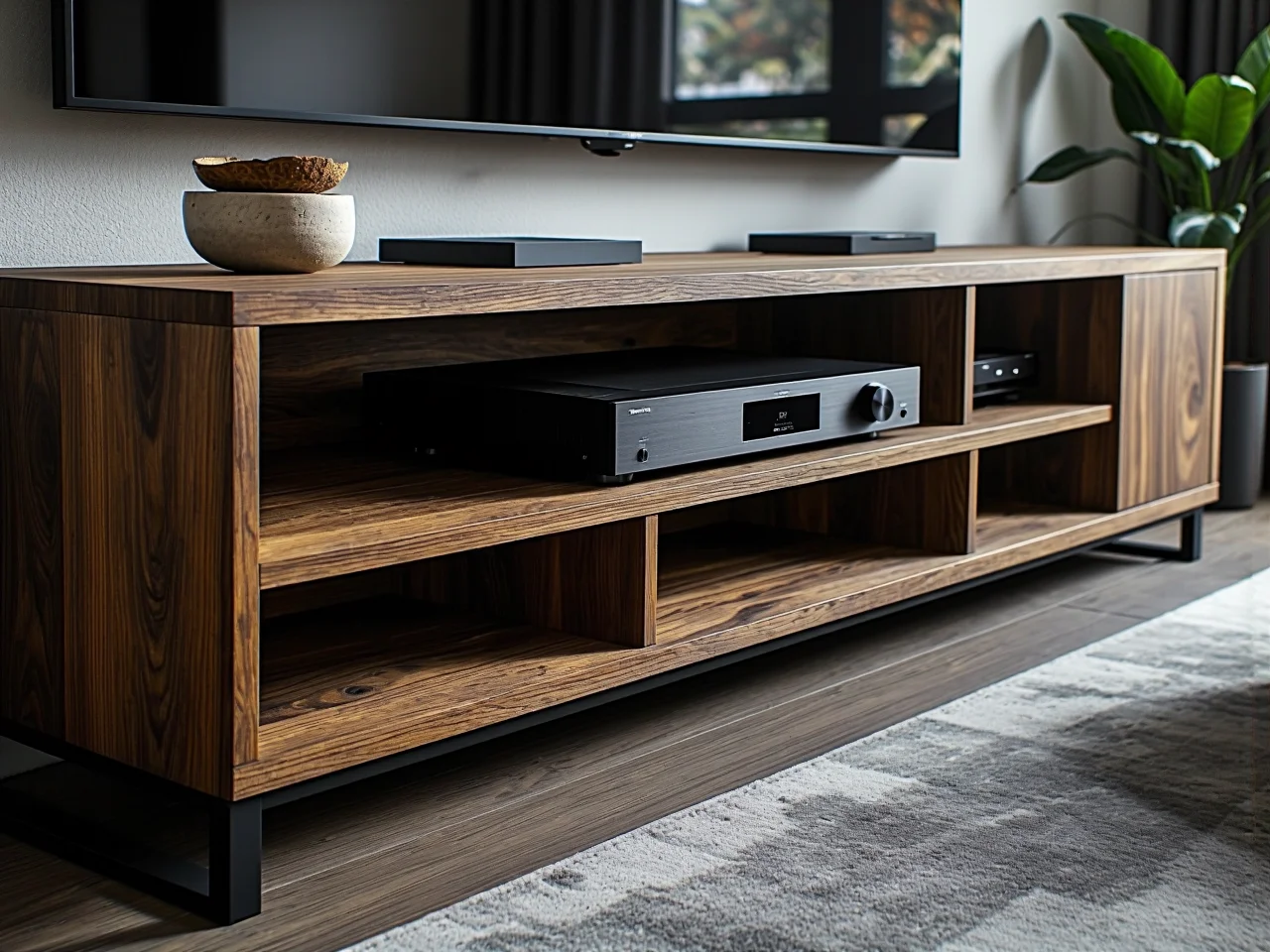 Funkcjonalna szafka pod telewizor z systemem maskowania kabli zapobiegającym bałaganowi