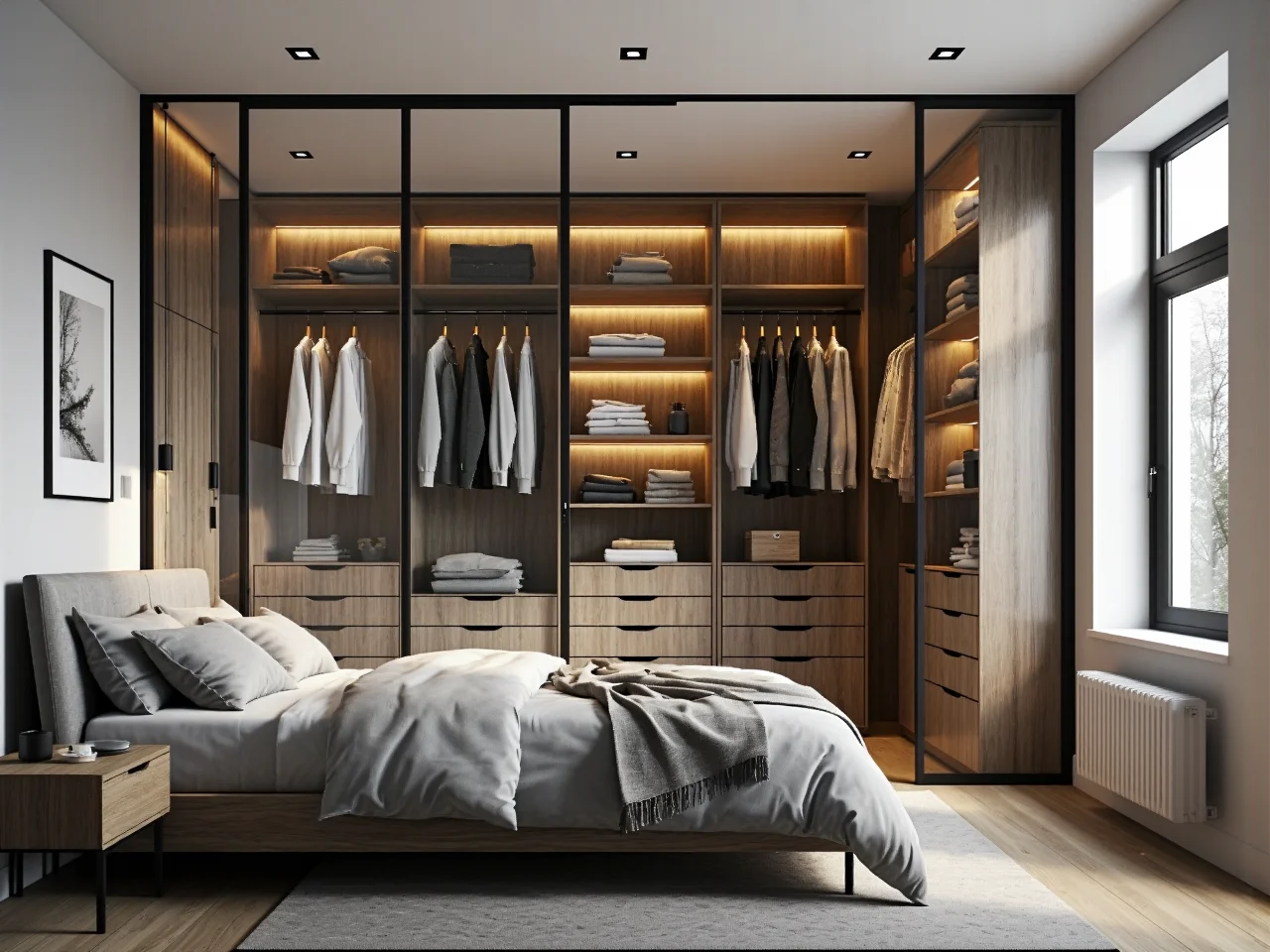 Garderoba walk-in dąb craft z oświetleniem LED i szklanymi drzwiami