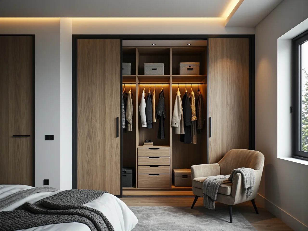 Garderoba walk-in sprytnie ukryta za ścianką wezgłowia łóżka w sypialni