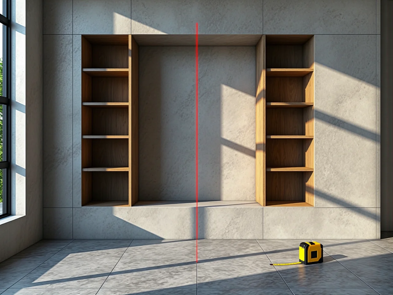 Idealnie dopasowany regał stojący w salonie po wykonaniu dokładnych pomiarów przestrzeni.