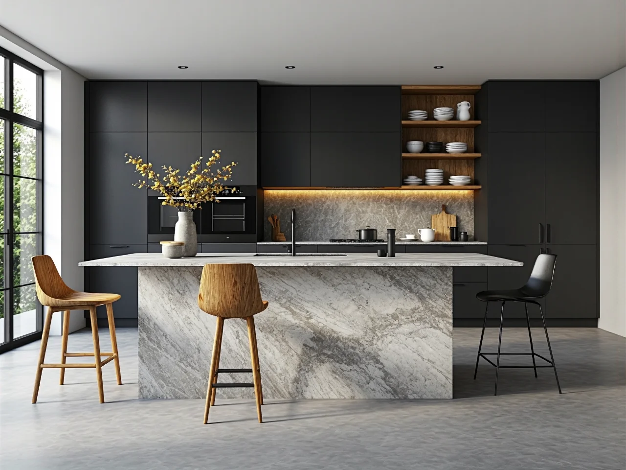 Hokery drewniane dąb naturalny i czarny na metalowych nogach