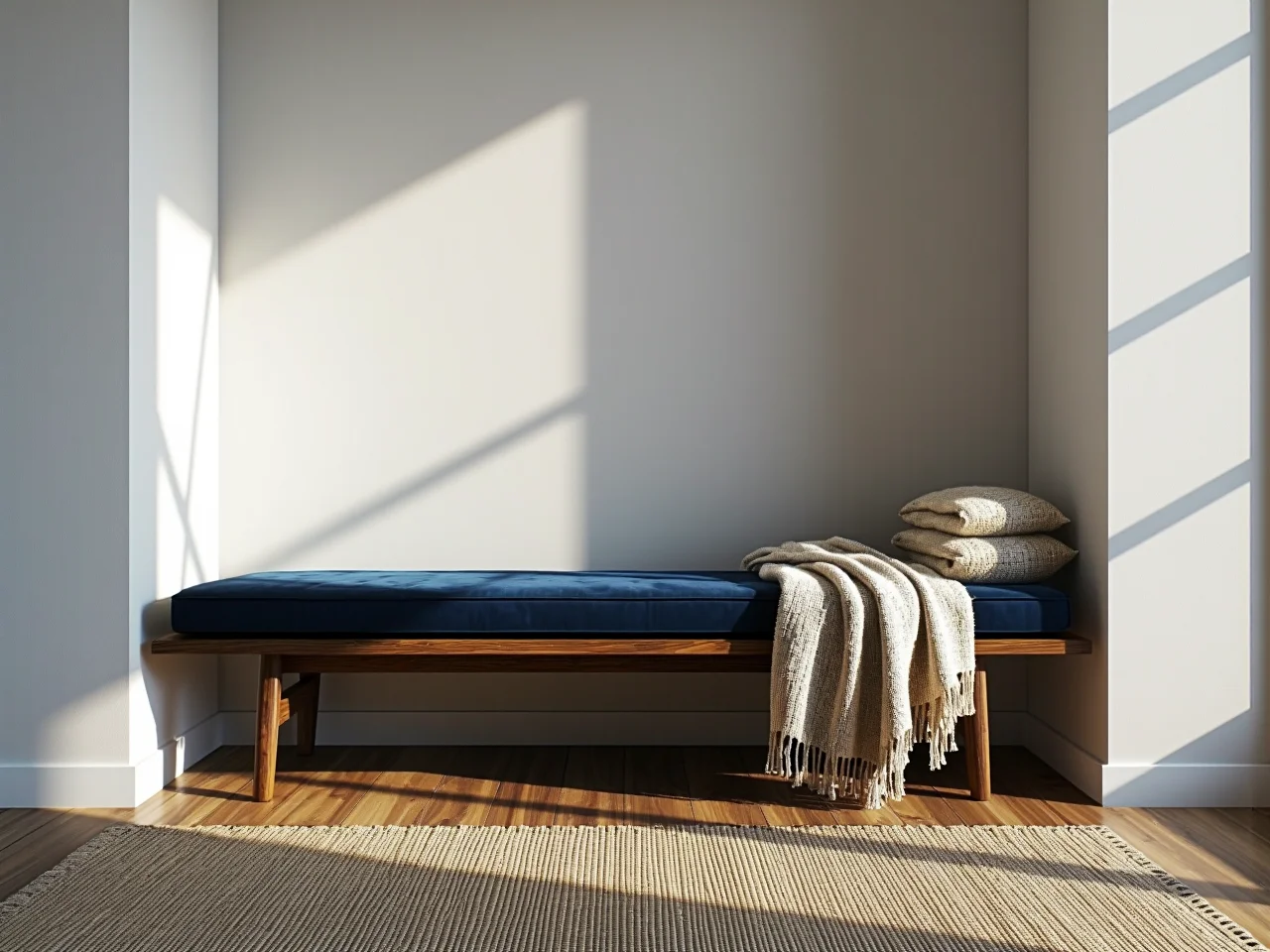 Nowoczesna ławka do przedpokoju idealnie wpasowana w wymierzoną wcześniej wnękę.