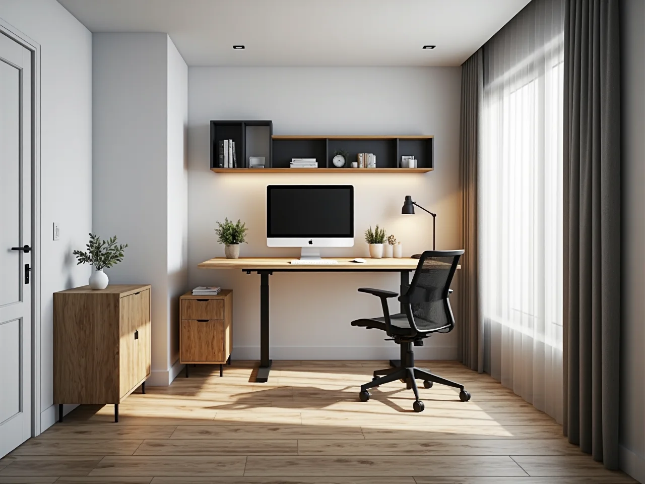 Biurko regulowane dąb z czarną metalową ramą i kontenerem