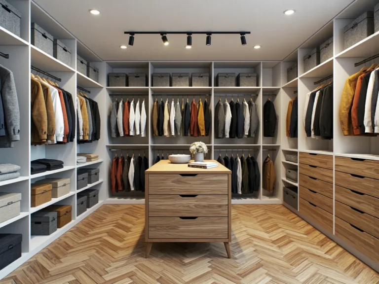 Biała garderoba z oświetleniem LED i wyspą z szufladami dąb