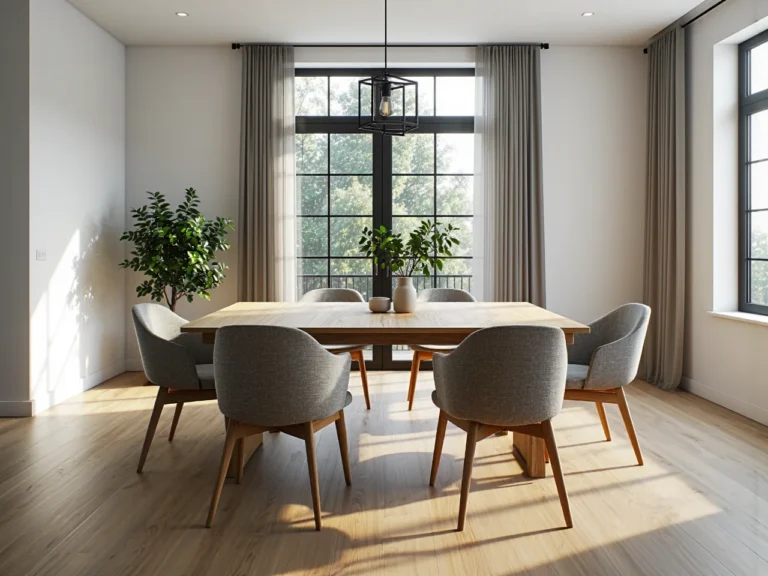 Drewniany stół jadalniany z sześcioma szarymi krzesłami tapicerowanymi