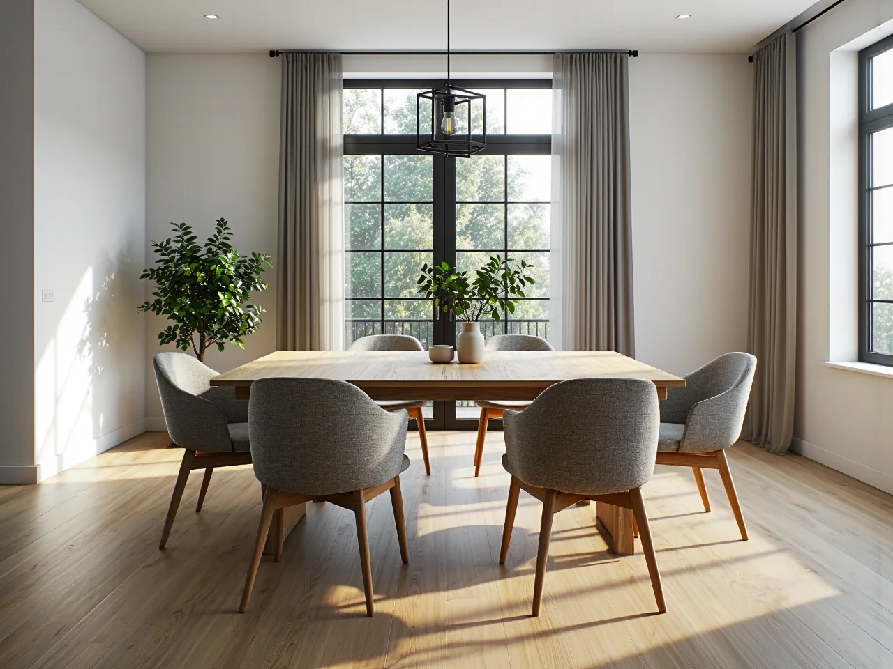 Drewniany stół jadalniany z sześcioma szarymi krzesłami tapicerowanymi