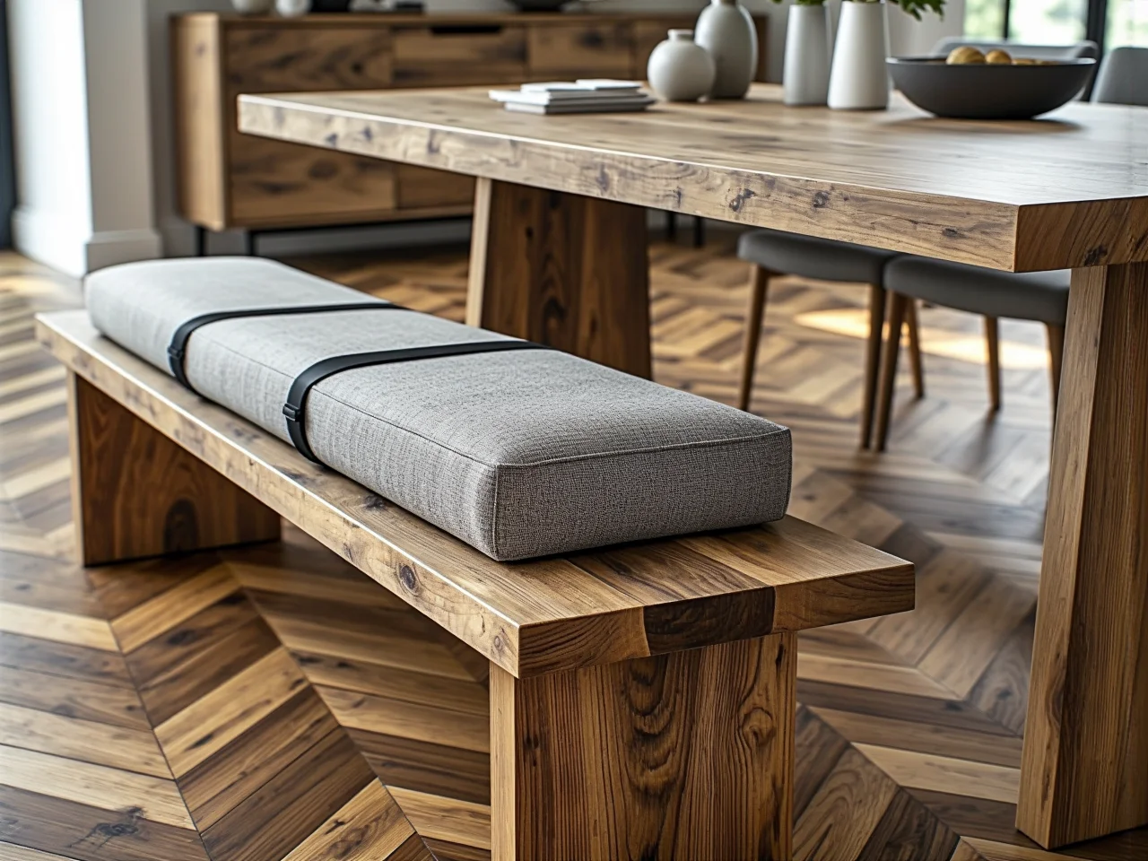 Drewniana ławka w ogrodzie z zachowaniem odpowiedniej przestrzeni na swobodne przejście