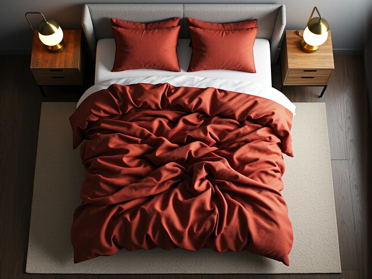 Rzut z góry na sypialnię pokazujący ile miejsca zajmuje łóżko wraz z szafkami nocnymi