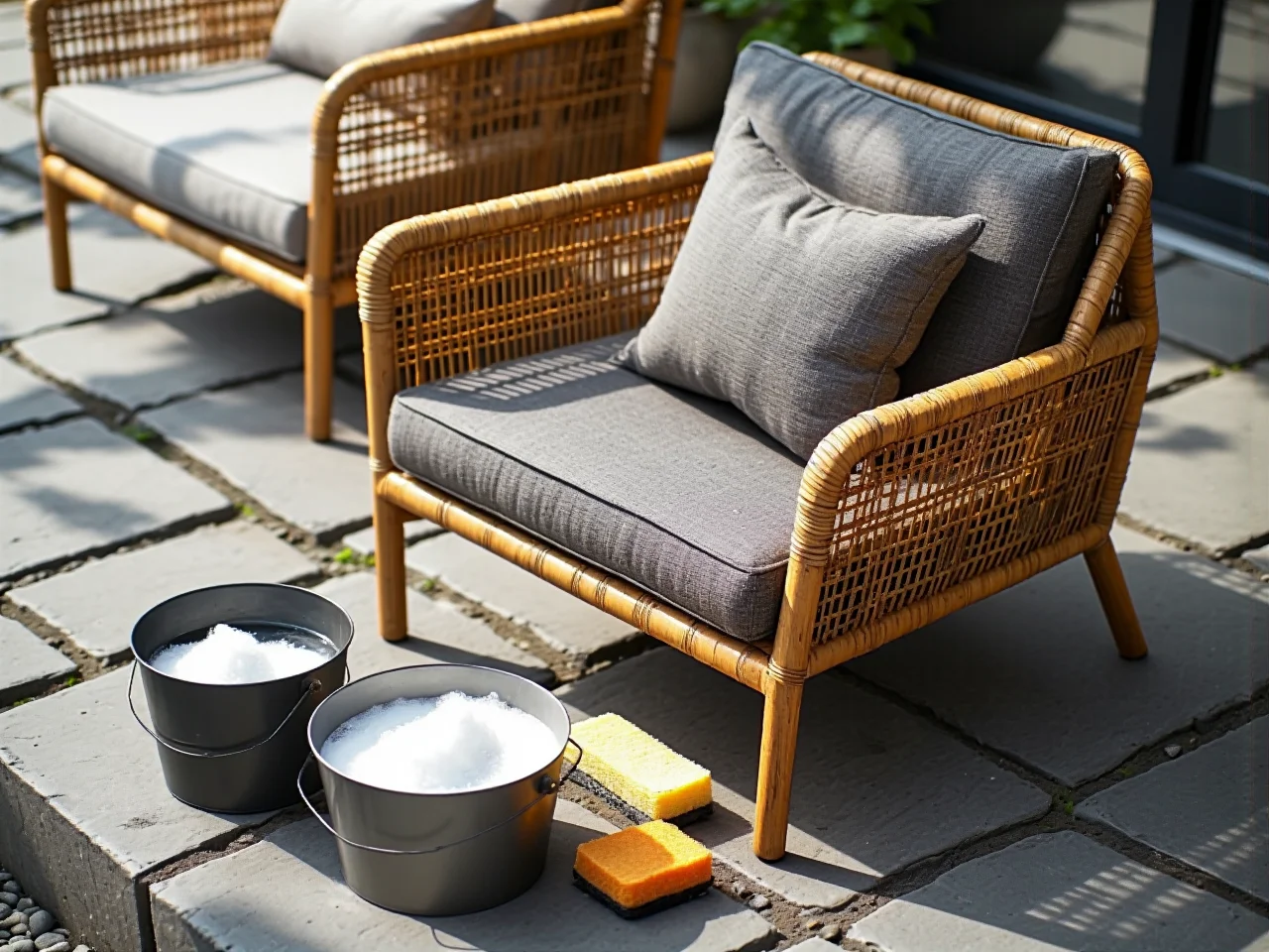 Czysty, zadbany zestaw mebli ogrodowych z rattanu naturalnego stojący na tarasie.