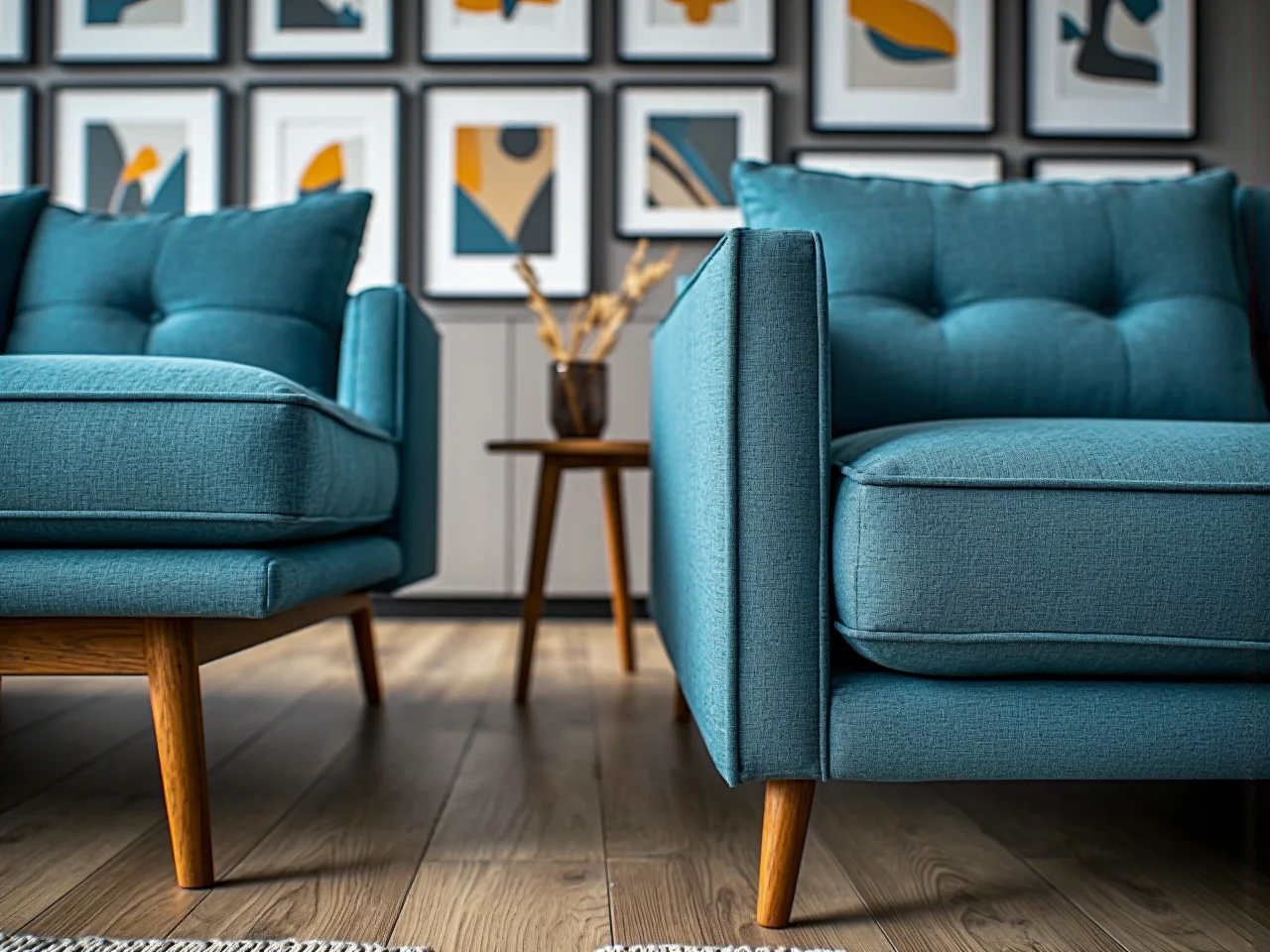 Aranżacja salonu z sofą z zachowaniem prawidłowych odstępów od ściany i stolika kawowego.