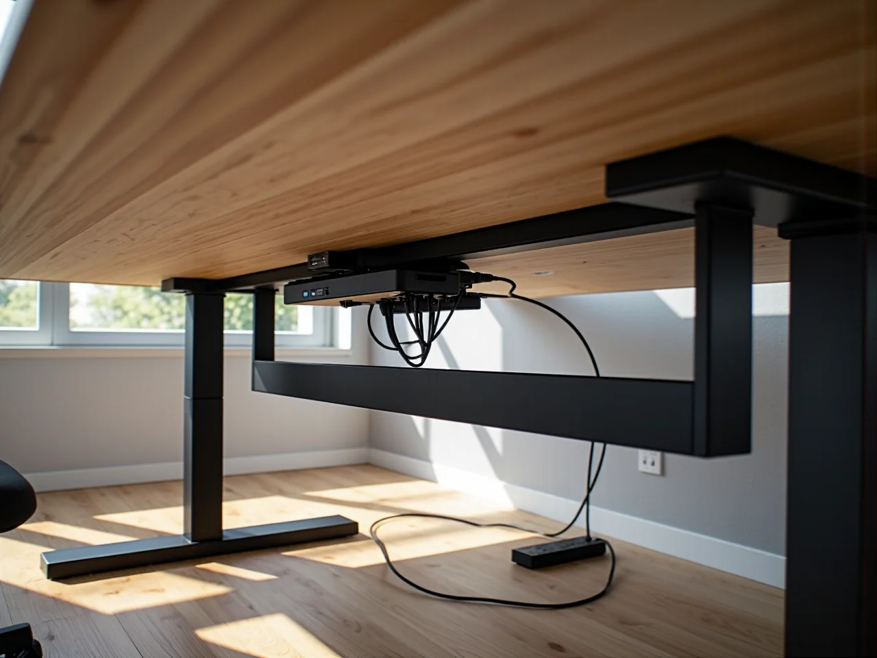 Osoba mierząca szerokość blatu, co jest ważnym kryterium przy zakupie biurka regulowanego.